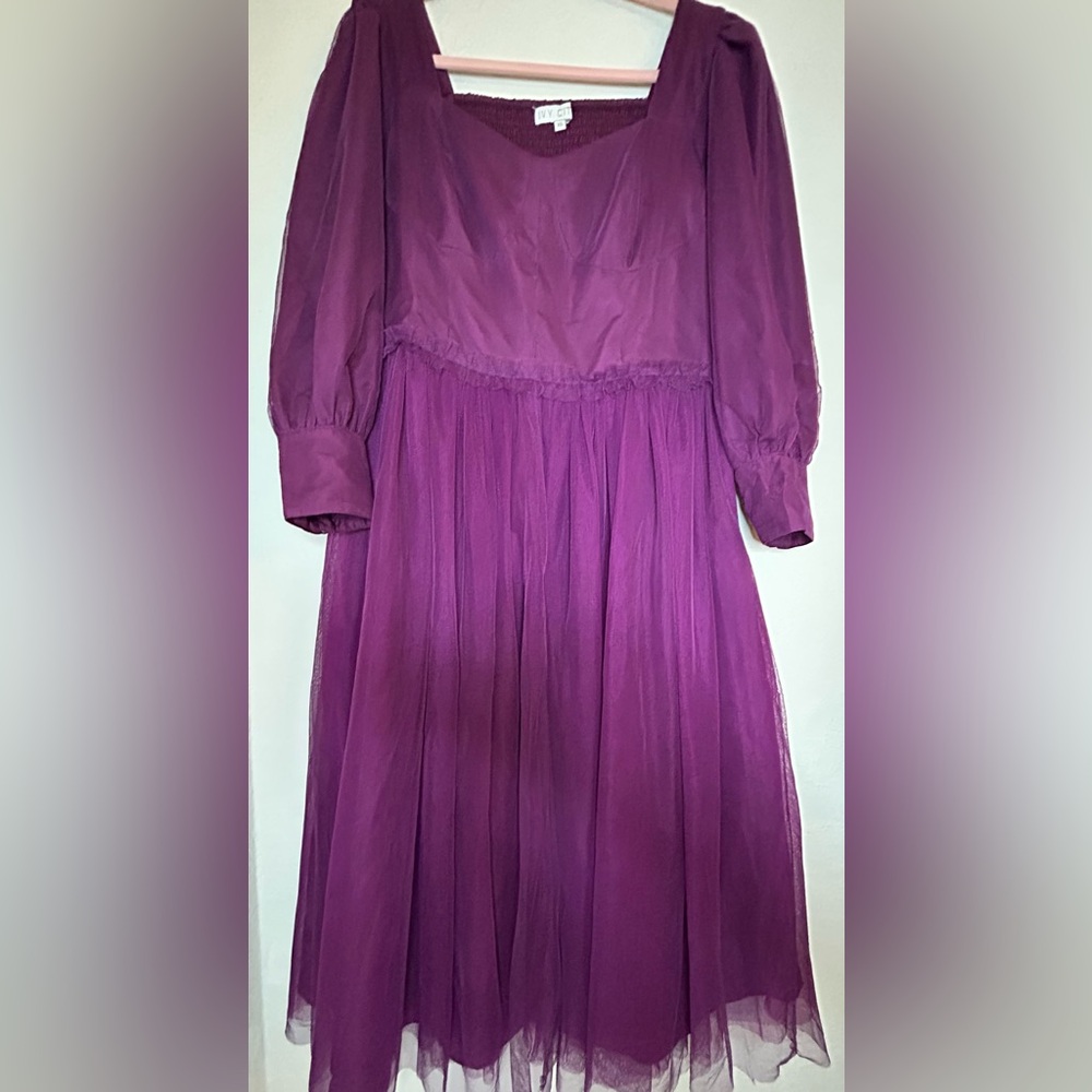 Ivy City Co Florence Dress Plum XL Puff Sleeve Smocked Purple Maxi Midi Tulle - Picture 6 of 16